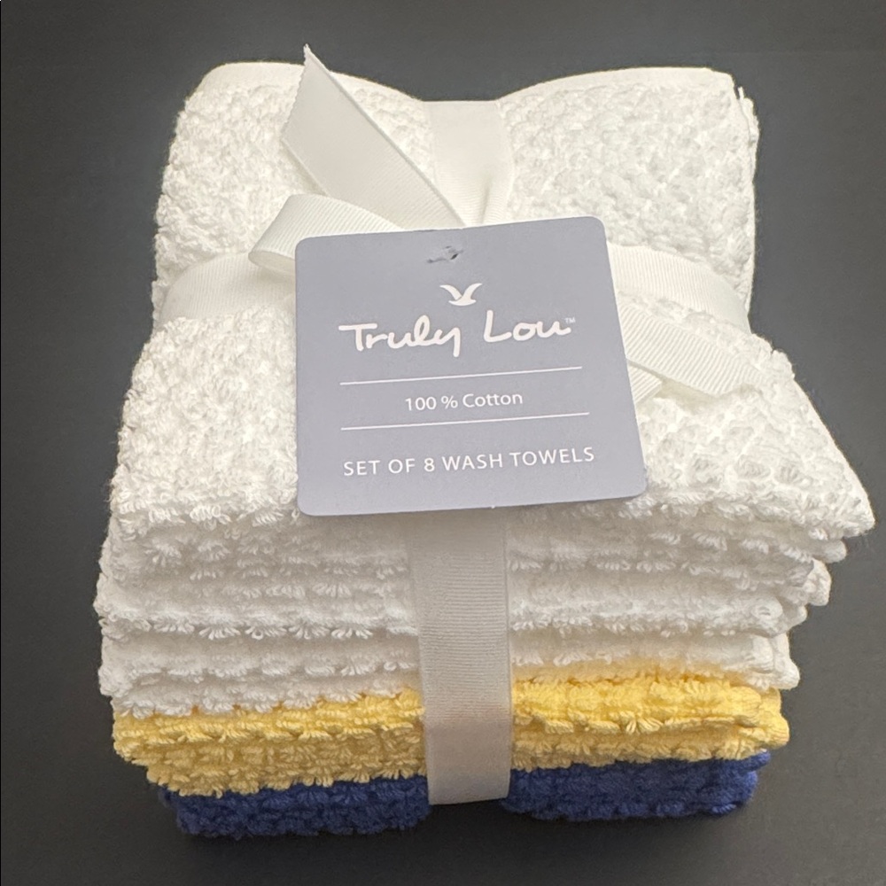 8pc TRULY LOU 100% Cotton Bath Wash Towel Set- LG Pique -White/Yellow/Cabanablue - Picture 2 of 6
